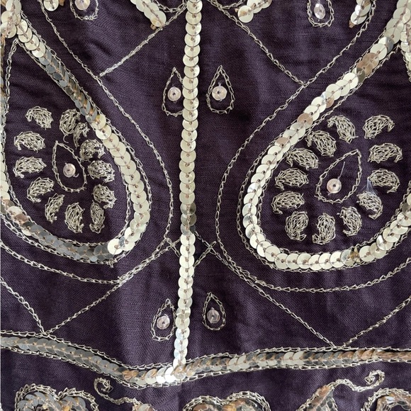 WD NY Skirt Brown Gold Sequin Linen Blend A-line Midi Paisley - Picture 4 of 5